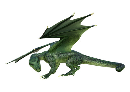 3D rendering of a green fantasy dragon isolated on white backgroundの写真素材