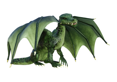3D rendering of a green fantasy dragon isolated on white backgroundの写真素材