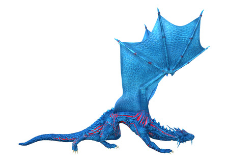 3D rendering of a blue fantasy dragon isolated on white backgroundの写真素材