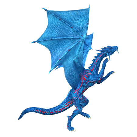 3D rendering of a blue fantasy dragon isolated on white backgroundの写真素材
