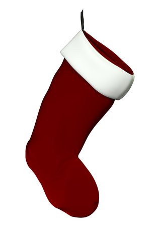 3D rendering of a red Christmas stocking isolated on white backgroundの写真素材