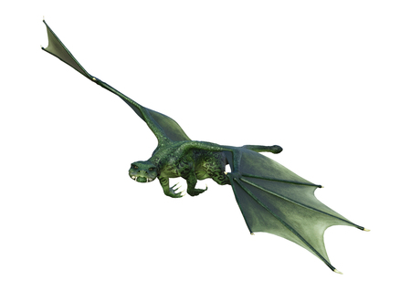 3D rendering of a green fantasy dragon isolated on white backgroundの写真素材