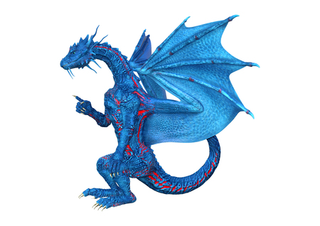 3D rendering of a blue fantasy dragon isolated on white backgroundの写真素材