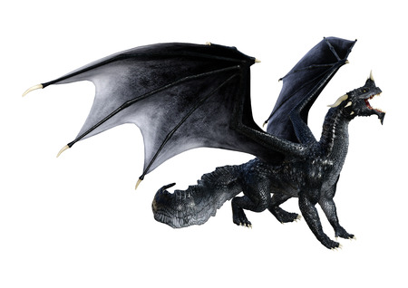 3D rendering of a black fantasy dragon isolated on white backgroundの写真素材