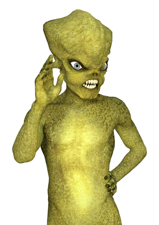 3D rendering of a green alien isolated on white backgroundの写真素材