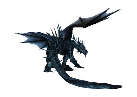 3D rendering of a black fantasy dragon isolated on white backgroundの写真素材