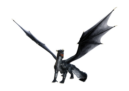 3D rendering of a black fantasy dragon isolated on white backgroundの写真素材