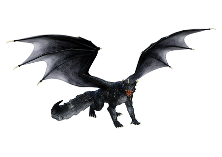3D rendering of a black fantasy dragon isolated on white backgroundの写真素材