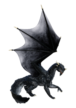 3D rendering of a black fantasy dragon isolated on white backgroundの写真素材