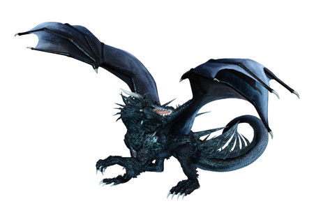 3D rendering of a black fantasy dragon isolated on white backgroundの写真素材