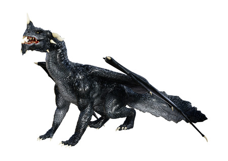 3D rendering of a black fantasy dragon isolated on white backgroundの写真素材