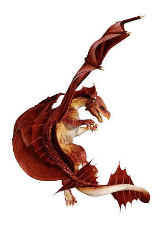 3D rendering of a red fantasy dragon isolated on white backgroundの写真素材