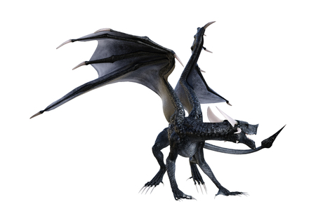 3D rendering of a black fantasy dragon isolated on white backgroundの写真素材