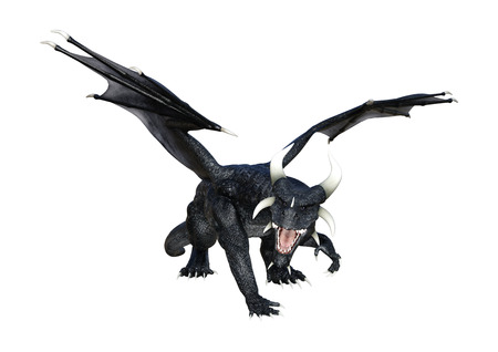 3D rendering of a black fantasy dragon isolated on white backgroundの写真素材