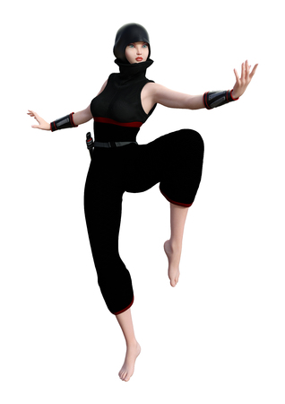 3D rendering of a female ninja isolated on white backgroundの写真素材