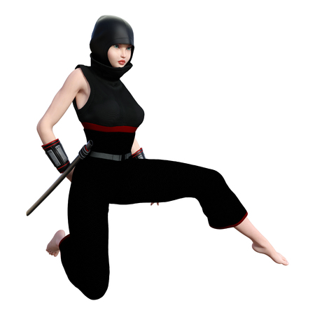 3D rendering of a female ninja isolated on white backgroundの写真素材