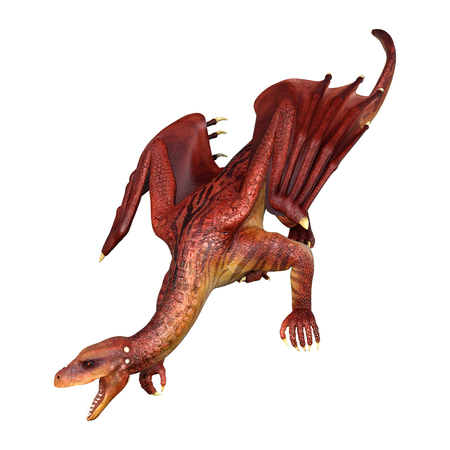3D rendering of a red fantasy dragon isolated on white backgroundの写真素材
