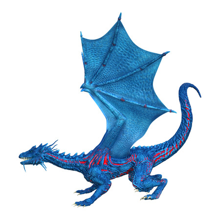 3D rendering of a blue fantasy dragon isolated on white backgroundの写真素材