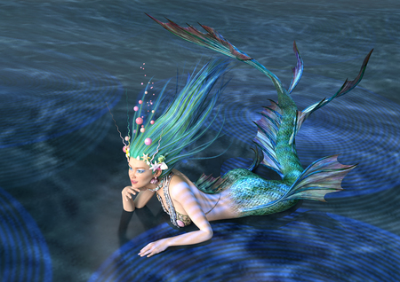 3D rendering of a fairy tale mermaid on blue ocean backgroundの写真素材