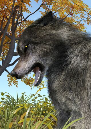 3D rendering of a fairy tale gray wolf in an autumnal forest