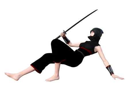 3D rendering of a female ninja holding a sword isolated on white backgroundの写真素材