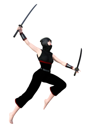 3D rendering of a female ninja holding two swords isolated on white backgroundの写真素材