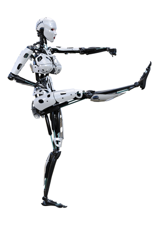 3D rendering of a female robot isolated on white backgroundの写真素材