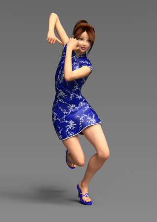 3D illustration of a beautiful Asian young woman wearing a traditional blue dress on gray backgroundの写真素材