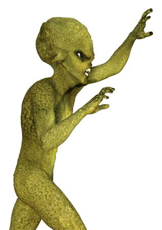3D rendering of a green alien isolated on white backgroundの写真素材