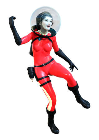 3D rendering of a science fiction astronaut woman in a red retro space suit isolated on white...