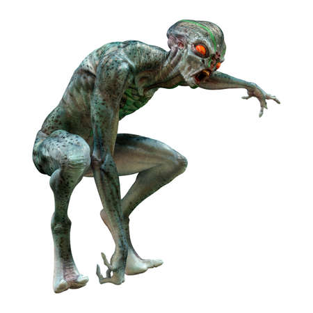 3D rendering of a green alien isolated on white background