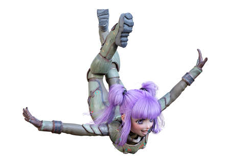 3D rendering of an anime teenager girl with purple hair in an astronaut suit isolated on white...