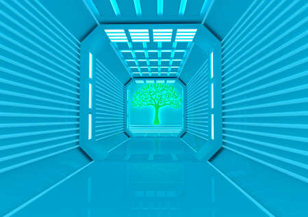 3D rendering of a futuristic corridor in blue and greenの写真素材
