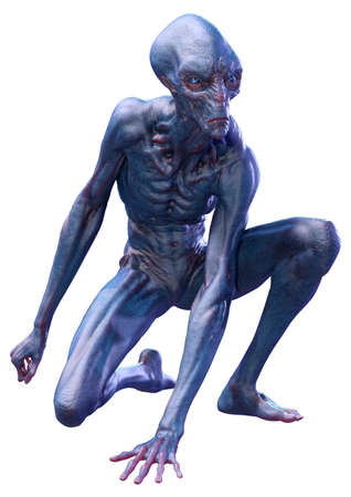 3D rendering of a blue male alien isolated on white background