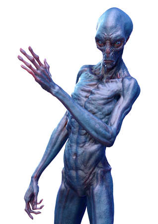 3D rendering of a blue male alien isolated on white background