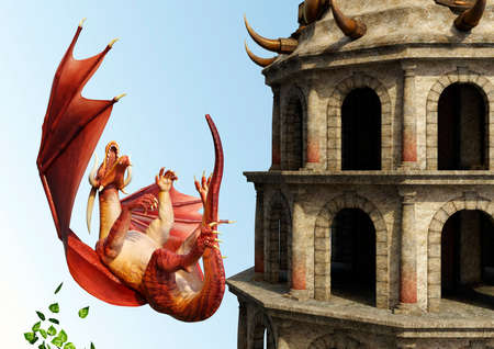 3D rendering of a fairy tale dragon and a medieval towerの写真素材