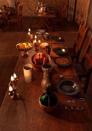 3D rendering of a medieval great hall interiorの写真素材