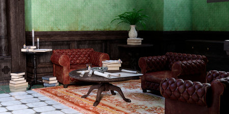 3D rendering of a gothic library interiorの写真素材