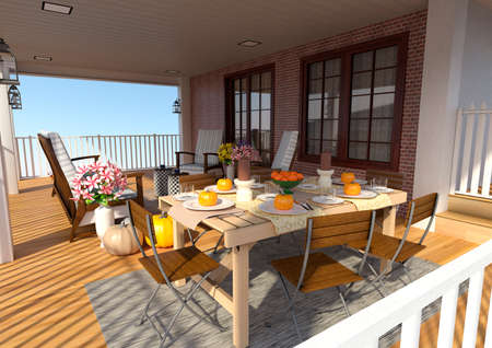 3D rendering of a relaxing autumn porch exteriorの写真素材