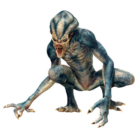 3D rendering of a blue alien isolated on white background