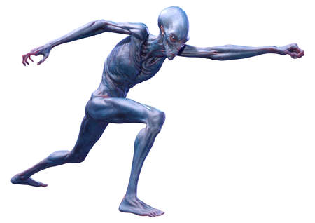 3D rendering of a blue male alien isolated on white backgroundの写真素材