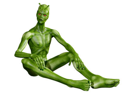 3D rendering of a green alien isolated on white background
