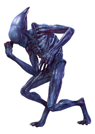 3D rendering of a blue male alien isolated on white backgroundの写真素材