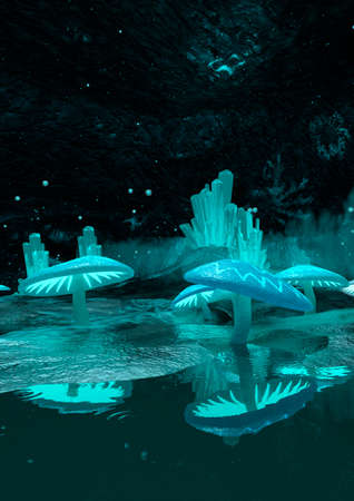 3D rendering of a science fiction crystal cave and magic mushrooms in darknessの写真素材