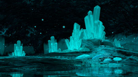 3D rendering of a science fiction crystal cave and magic mushrooms in darkness