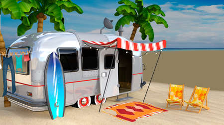 3D rendering of a vintage surf caravan with palm trees, chairs and a surfboardの写真素材