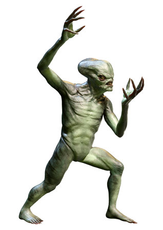 3D rendering of a green alien isolated on white background