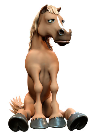3D rendering of a brown cartoon horse isolated on white backgroundの写真素材