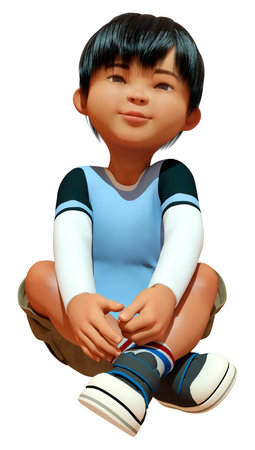 3D rendering of a cartoon Asian boy isolated on white backgroundの写真素材