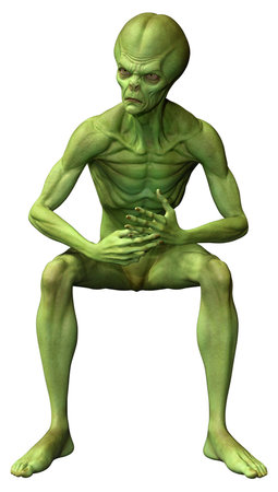 3D rendering of a green alien isolated on white backgroundの写真素材